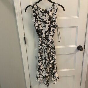 Black and white floral print belted ruffle dress